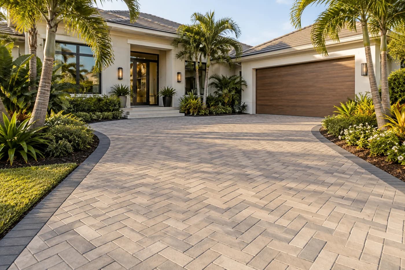 AI-generated driveway inspiration with warm pavers and a contrasting border