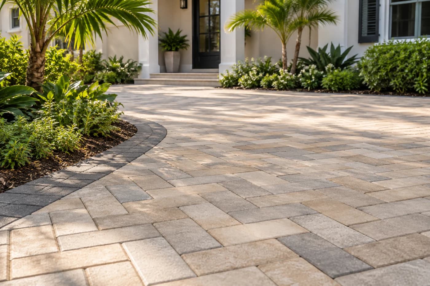 AI-generated inspiration: paver driveway detail beside coastal landscaping