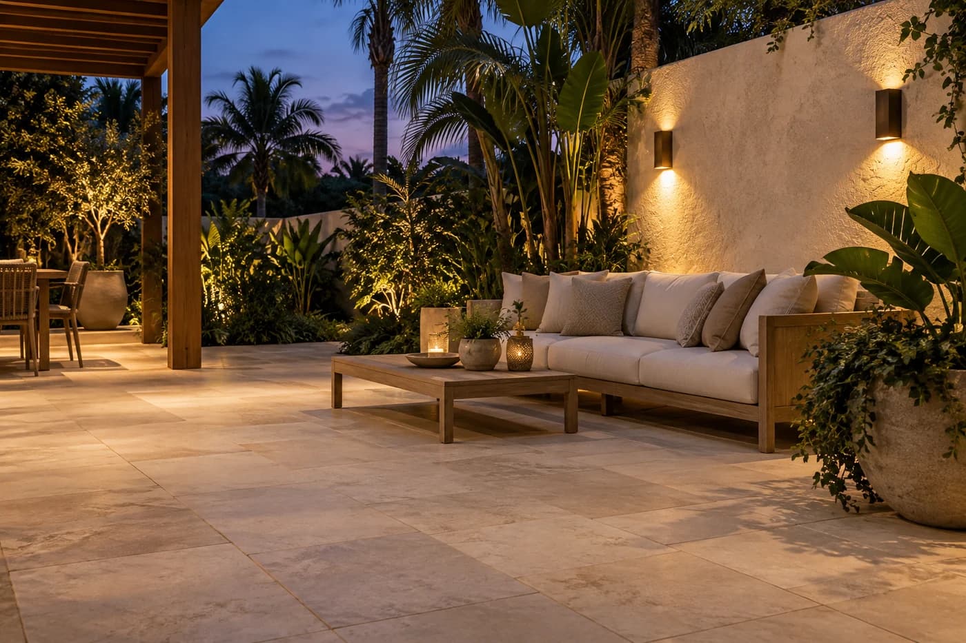 AI-generated inspiration: warm outdoor patio seating at dusk