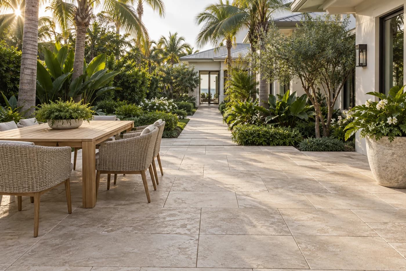 AI-generated inspiration of a warm stone patio and outdoor dining space