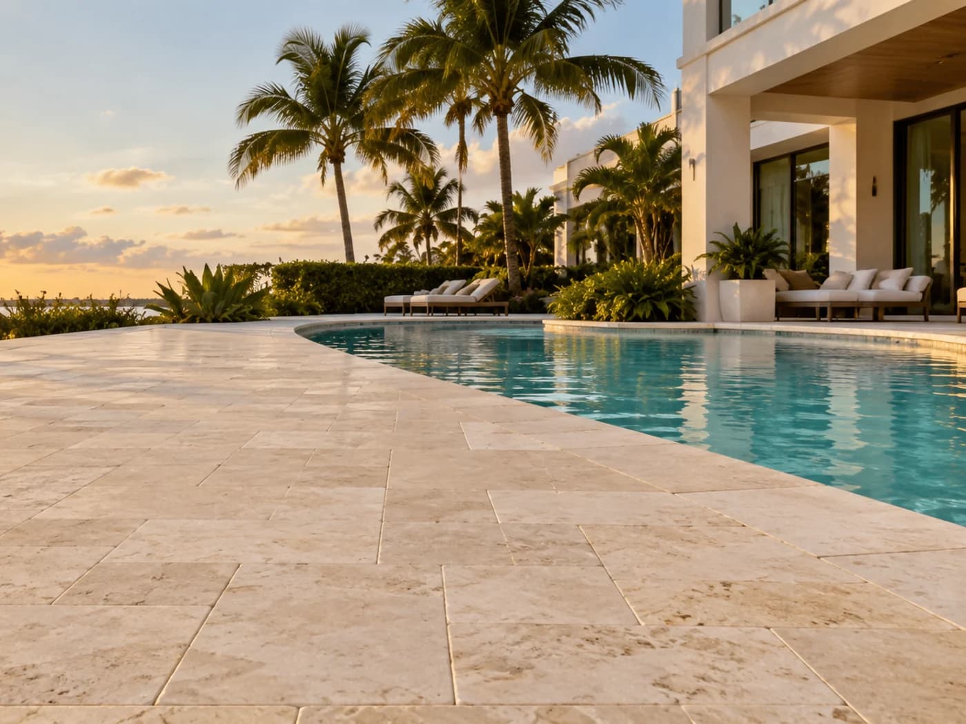 AI-generated inspiration of pale pool-deck surfaces beside blue water